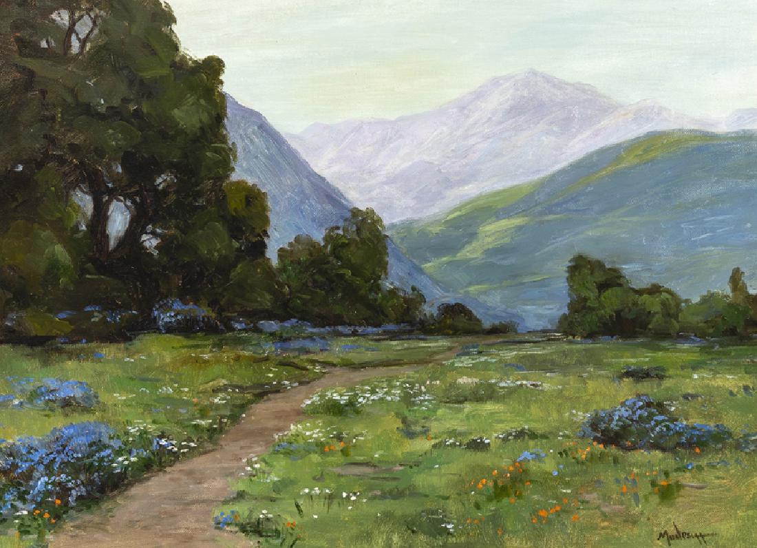 John Modesitt (1955 - * Solana Beach, CA): "Shadowed Hills, CA", lupine and a path through a landscape Oil on canvas Signed lower right: Modesitt 18" H x 24" W