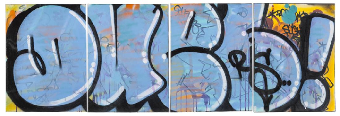DuelOne (21st Century New York): "Duel!", 2011 Spray paint on four canvases Each: Signed verso: DuelOne, indistinctly inscribed verso, the fourth inscribed and dated verso: NYC Each: 24" H x 18" W Notes: The book "Subway Art" by Mart