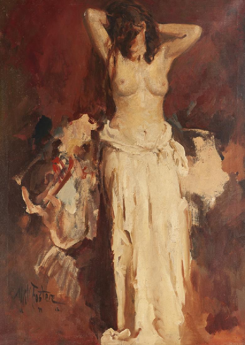 William Frederick Foster ANA (1883 - 1953 New York, NY): "Nude, Standing with Hips Draped", circa 1940s Oil on canvas Signed lower left: Will Foster ana 42" H x 30" W Literature: P. Settecase Barton, "William Frederick Foster, A.N.A.: Portrait of a Painter"