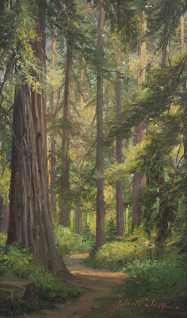 Gilbert Tonge (1883 - 1970 Sausalito, CA): Path through a redwood forest Oil on canvasboard Signed lower right: Gilbert Tonge 18" H x 12" W