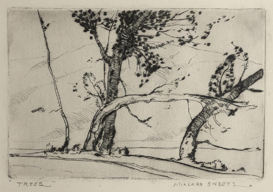 Millard Owen Sheets NA (1907 - 1989 Gualala, CA): "Trees" Etching on paper under glass Signed lower right: Millard Sheets, titled lower left Plate: 4" H x 6" W Provenance: Estate of Millard Sheets. Thence by descent through the family.
