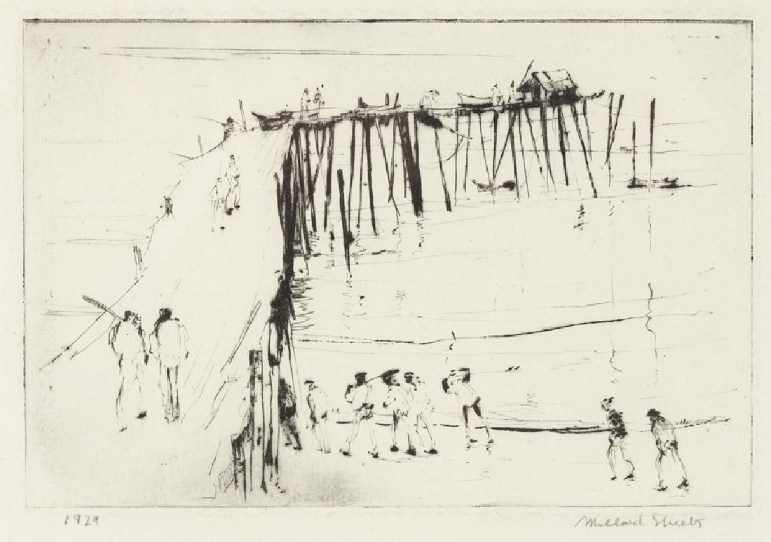 Millard Owen Sheets NA (1907 - 1989 Gualala, CA): Stilted dock with figures, 1929 Etching on paper under glass Signed lower right: Millard Sheets, dated lower left Plate: 4" H x 6" W Provenance: Estate of Millard Sheets. Thence by descent through the