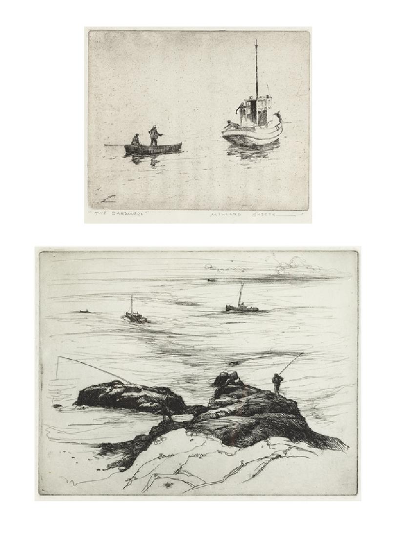 Millard Owen Sheets NA (1907 - 1989 Gualala, CA): "The Sardiners" and Figures rock fishing (Two works in single frame) Etchings on paper under glass First signed lower right: Millard Sheets, titled lower left; the second unsigned Larger: 6.75" H x 9"
