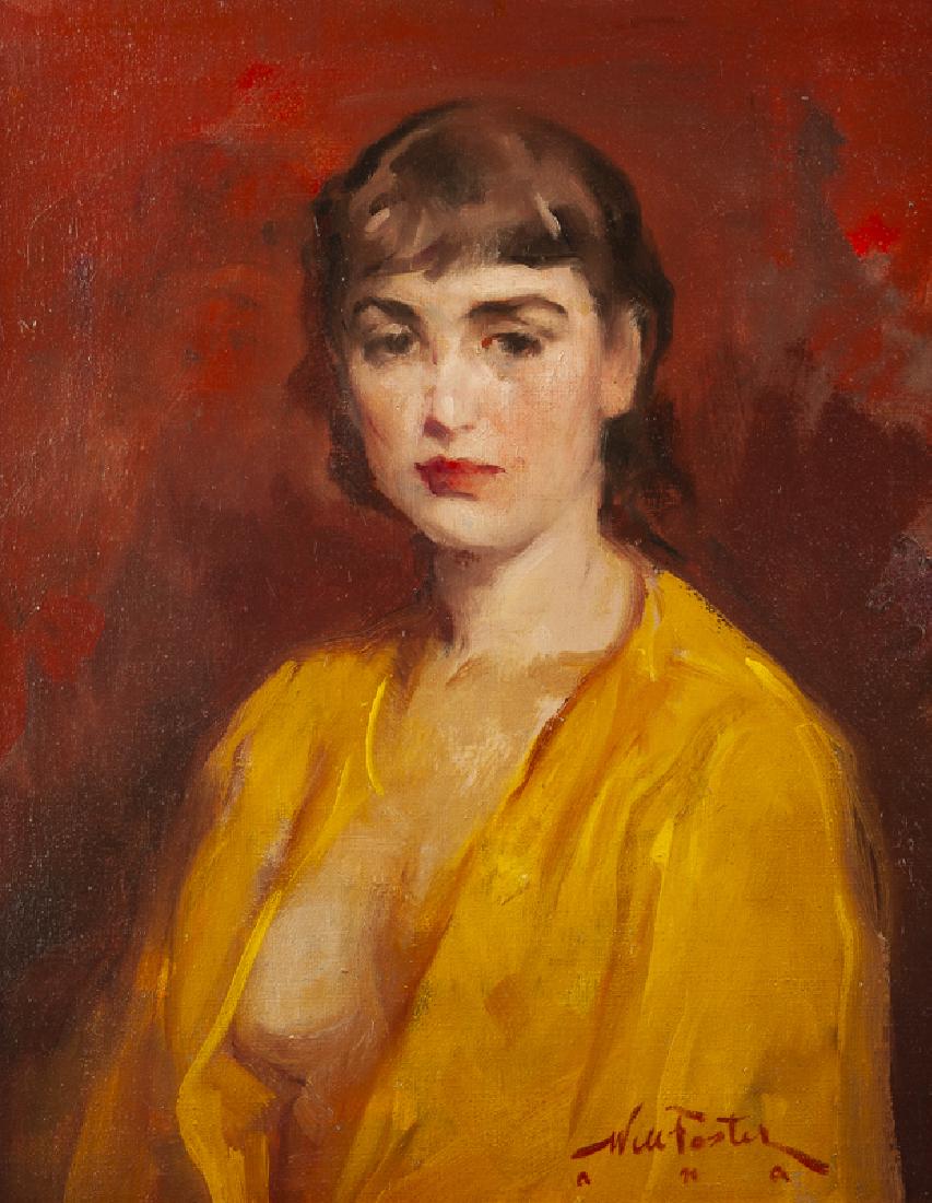 William Frederick Foster ANA (1883 - 1953 New York, NY): "Model", seated woman in yellow Oil on canvas Signed lower right: Will Foster a.n.a. 22" H x 17.5" W Literature: P. Settecase Barton, "William Frederick Foster, A.N.A.: Portrait of a Painter", Los Ang