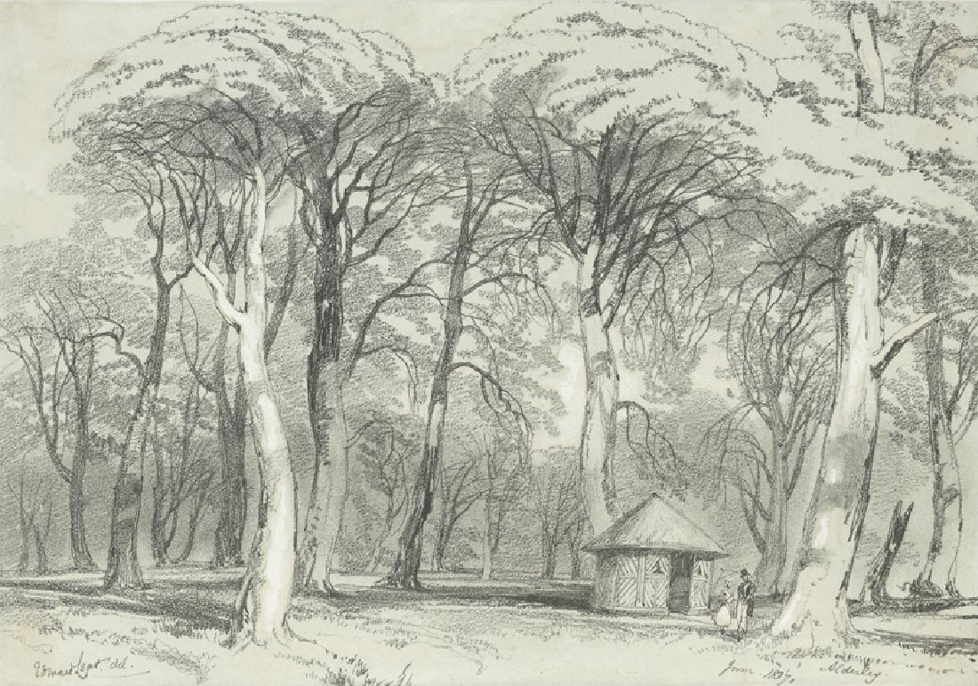 Edward Lear (1812 - 1888 British): "Alderly", 1837, figures walking in a park Charcoal with white heightening on gray paper under Plexiglas Signed lower left: Edward Lear, dated and titled lower right: June, 1837 Sheet: 9.75" H x 14" W