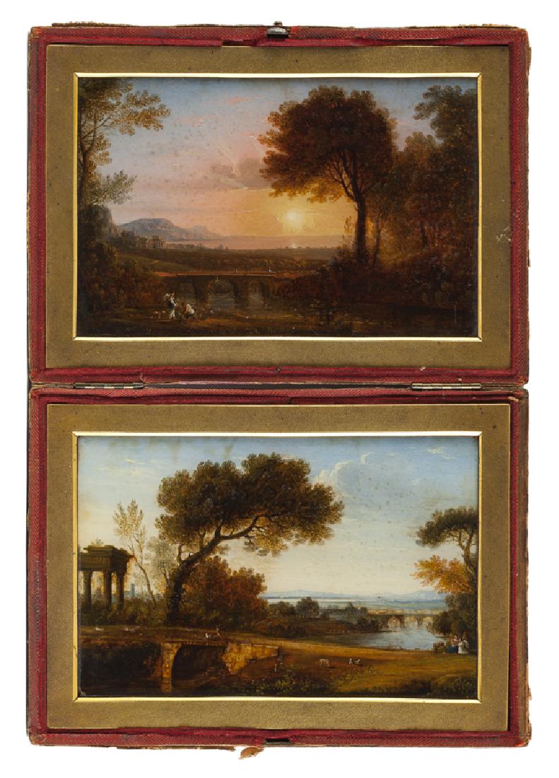 Two Continental reverse-painted panels in a leather (1 of 4)