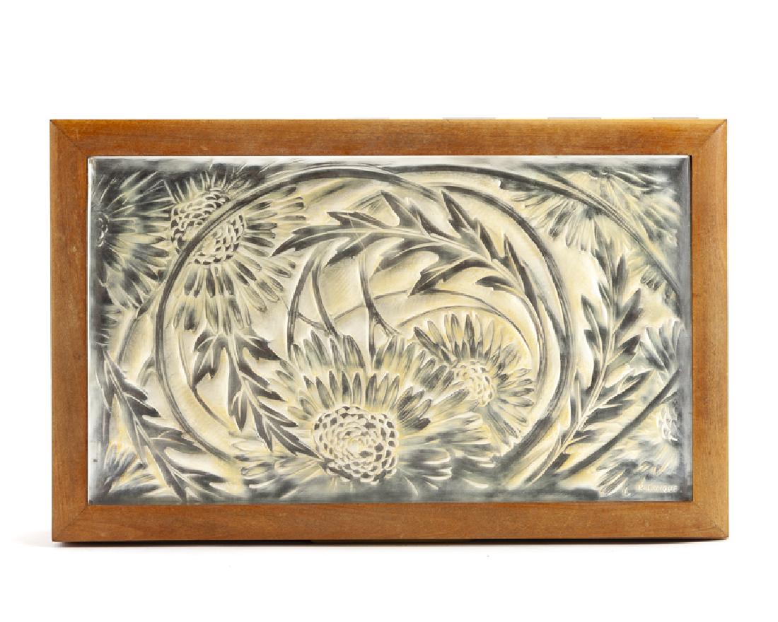 A Rene Lalique ''Chrysanthemes'' art glass box: Circa 1920s Rectangular panel with moulded mark: R. Lalique Model no. 355, the hinged box centering a rectangular raised glass panel depicting blooming chrysanthemums over a silver foil backing with c