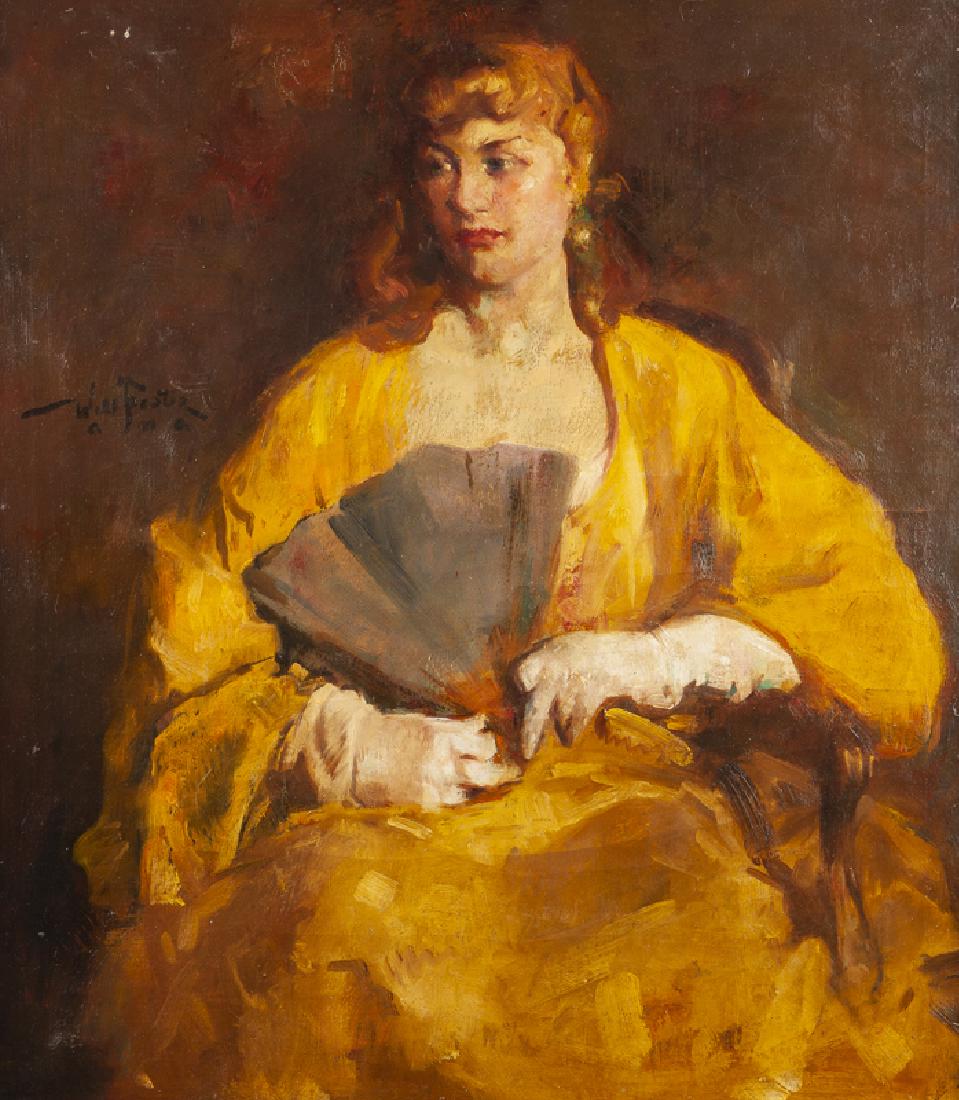 William Frederick Foster ANA (1883 - 1953 New York, NY): "Blond Lady Wearing White Gloves with Green Fan", circa 1940s Oil on canvas Signed left center: Will Foster a.n.a., inscribed verso: Mrs. R.R. Trent, apt. 4 34.25" H x 30.25" W Literature: P. Settecas