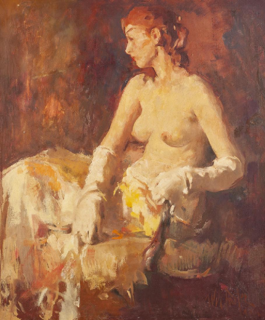William Frederick Foster ANA (1883 - 1953 New York, NY): "Draped Seated Nude with Long White Gloves", circa 1940s Oil on canvas Signed lower right: Will Foster a.n.a. 36" H x 30" W Literature: P. Settecase Barton, "William Frederick Foster, A.N.A.: Portrait