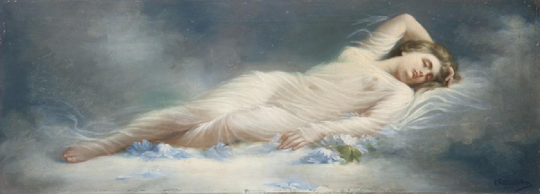 Late 19th/early 20th Century Continental School: Ethereal nude Oil on canvas Signed lower right: C. Sampietro 13.75" H x 37.5" W