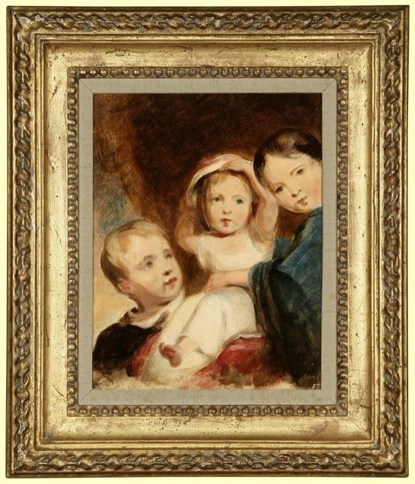 Thomas Sully (1783-1872): The Godey Children. appears unsigned, inscribed lower left: 'Godey'. framed oil on paper laid to board under glass. Sight size: 10.25 H x 8 W. Exhibited: de Young Museum, San Francisco, CA, n.d. (poss