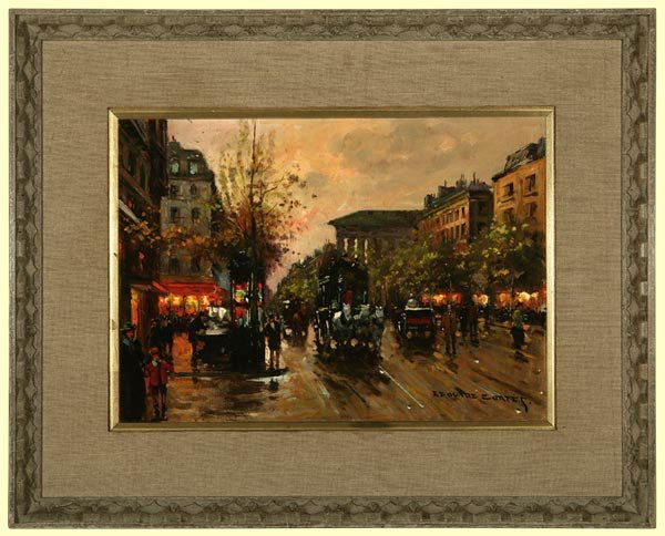 Edouard Leon Cortes (1882-1969): Le Boulevard de la Madeleine, Paris. 1964. signed lower right: Edouard Cortes. framed oil on canvas. 13 H x 18 W. Note: With artist's copyright stamps verso.