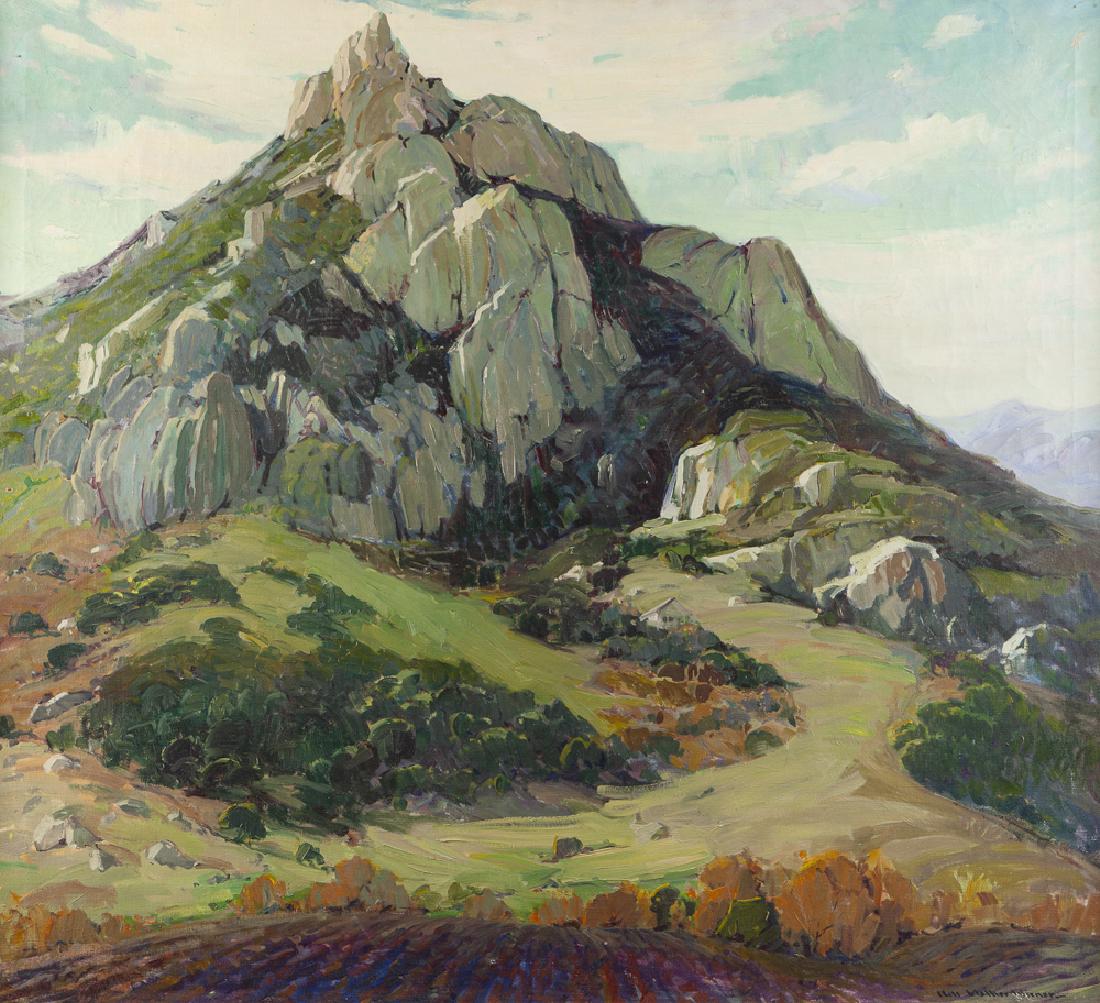 Nell Walker Warner (1891 - 1970 Carmel, CA): House in a mountain landscape Oil on canvas Signed lower right: Nell Walker Warner 36" H x 40" W