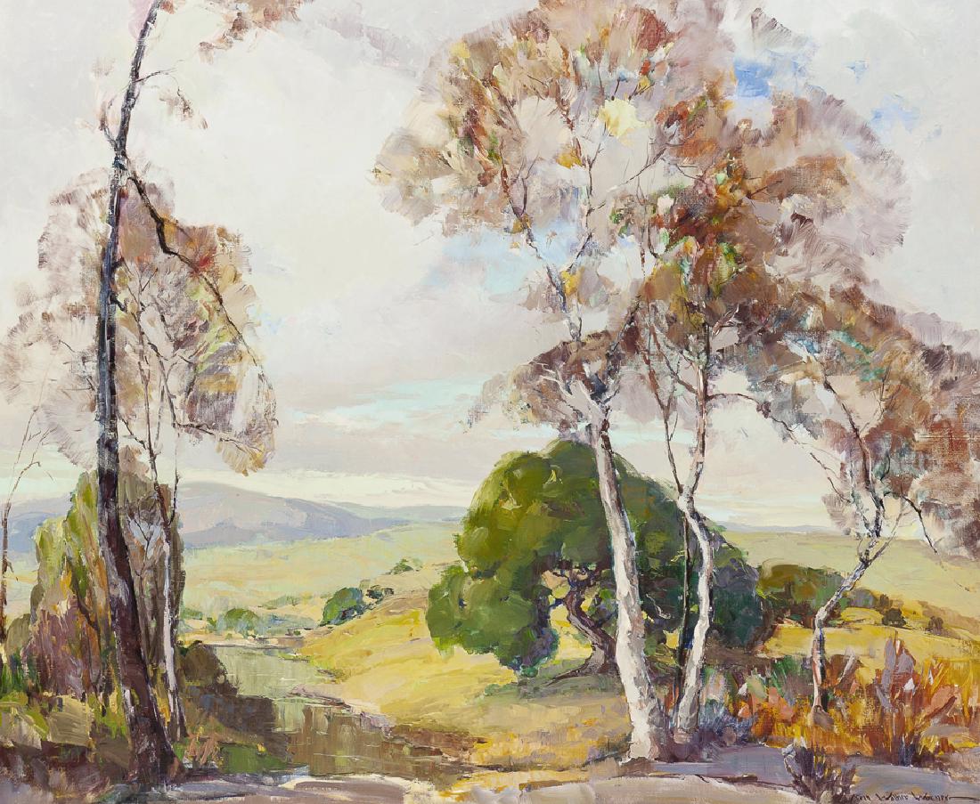 Nell Walker Warner (1891 - 1970 Carmel, CA): "Sunshine Follows the Rain", atmospheric landscape Oil on canvas Signed lower right: Nell Walker Warner, titled on an artist's label affixed verso 30" H x 36" W Exhibitions: Artist's Guild of America