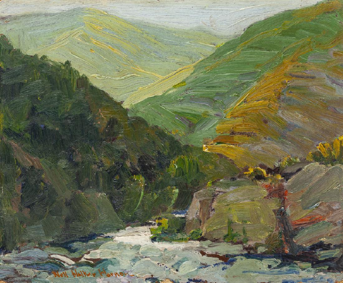 Nell Walker Warner (1891 - 1970 Carmel, CA): River through a mountain landscape Oil on board Signed lower left: Nell Walker Warner 8" H x 10" W