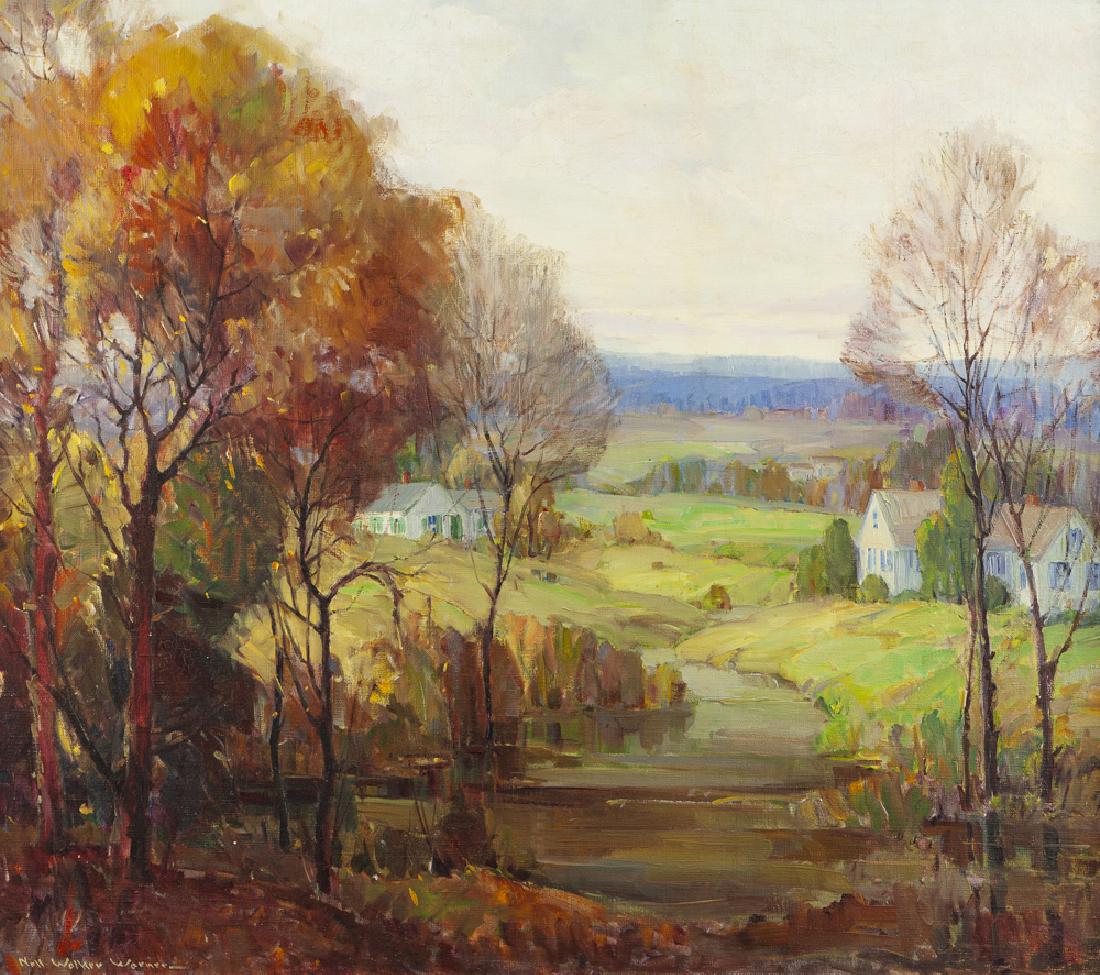 Nell Walker Warner (1891 - 1970 Carmel, CA): "New Hampshire Autumn" Oil on canvas Signed lower left: Nell Walker Warner, titled on the stretcher, titled again on an artist label affixed to the stretcher 26" H x 30" W