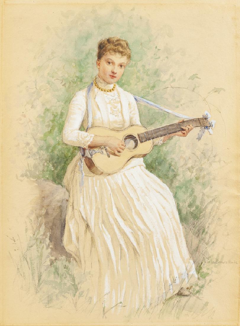 Jennie Augusta Brownscombe (1850 - 1936 Bayside, NY): Woman playing a guitar Watercolor and gouache on tan paper under glass Signed lower right: Jennie Brownscombe, inscribed in another hand verso Sight: 11.5" H x 8.5" W