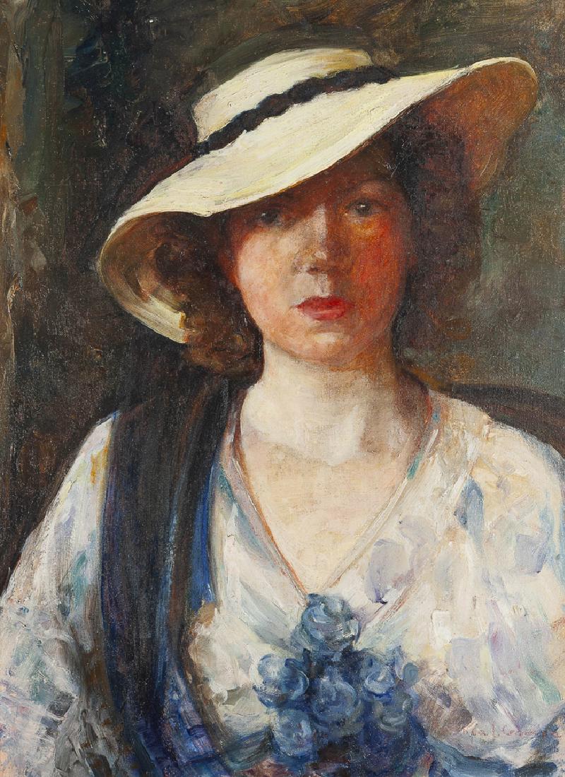 Antonia J. Greene (1881 - 1957 Santa Barbara, CA): "The Leghorn Hat" Oil on canvasboard Signed lower right: Antonia J. Greene, titled by repute 24" H x 18" W Exhibitions: Faulkner Gallery, Santa Barbara, CA, 1939.