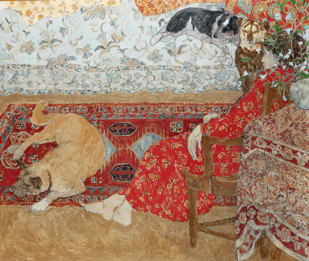 Susan Hertel (1930 - 1993 Cerrillos, NM): Interior with woman and dogs Oil, graphite and charcoal on canvas Signed lower right: Susan Hertel 43.75" H x 52.25" W Provenance: Estate of Millard Sheets. Thence by descent through the family.