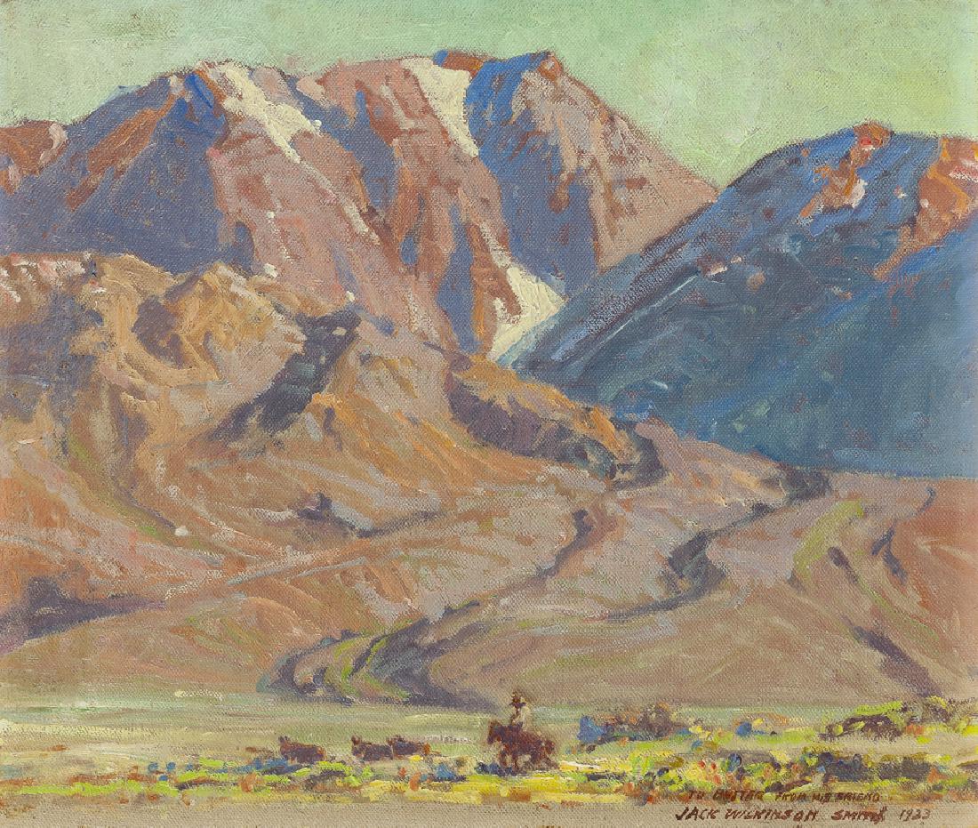 Jack Wilkinson Smith (1873 - 1949 Alhambra, CA): Cattle ranch near Whitney portal, 1923 Oil on canvas laid to canvas Inscribed, signed and dated lower right: To Buster from his friend Jack Wilkinson Smith 12.25" H x 14.5" W