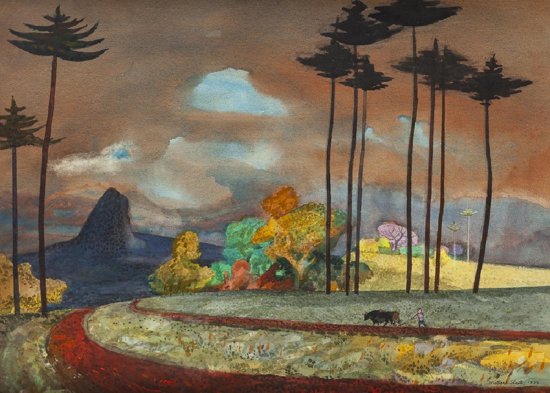 Millard Owen Sheets NA (1907 - 1989 Gualala, CA): "Spring Ploughing", 1983 Watercolor on Arches paper under Plexiglas Signed and dated lower right: Millard Sheets, signed again, titled and inscribed on the backing board: Mexico Sight: 21.25" H x 29.2