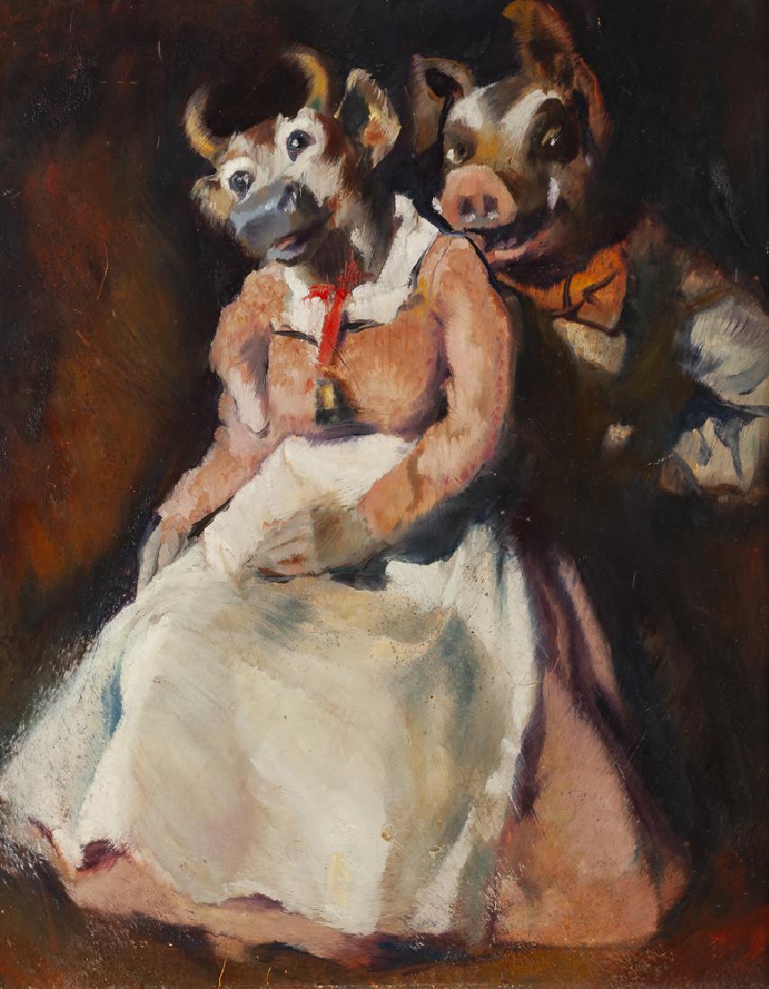 Emil J. Kosa Jr. NA (1903 - 1968 Los Angeles, CA): "The Love Bugs", anthropomorphic cow and pig Oil on masonite Unsigned, titled on a label affixed to the frame verso 20" H x 16" W Provenance: Gift from the artist to Millard Sheets; Estate of Millard