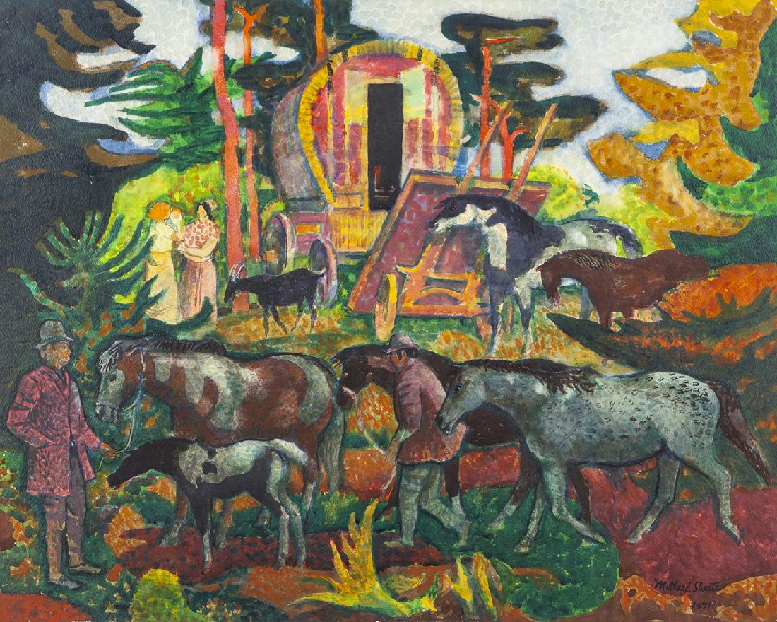 Millard Owen Sheets NA (1907 - 1989 Gualala, CA): "Irish Gypsies", 1971 Watercolor and gouache on Arches paper under glass Signed and dated lower right: Millard Sheets, titled by repute Sight: 21.5" H x 27.25" W Provenance: Dalzell Hatfield Galleries