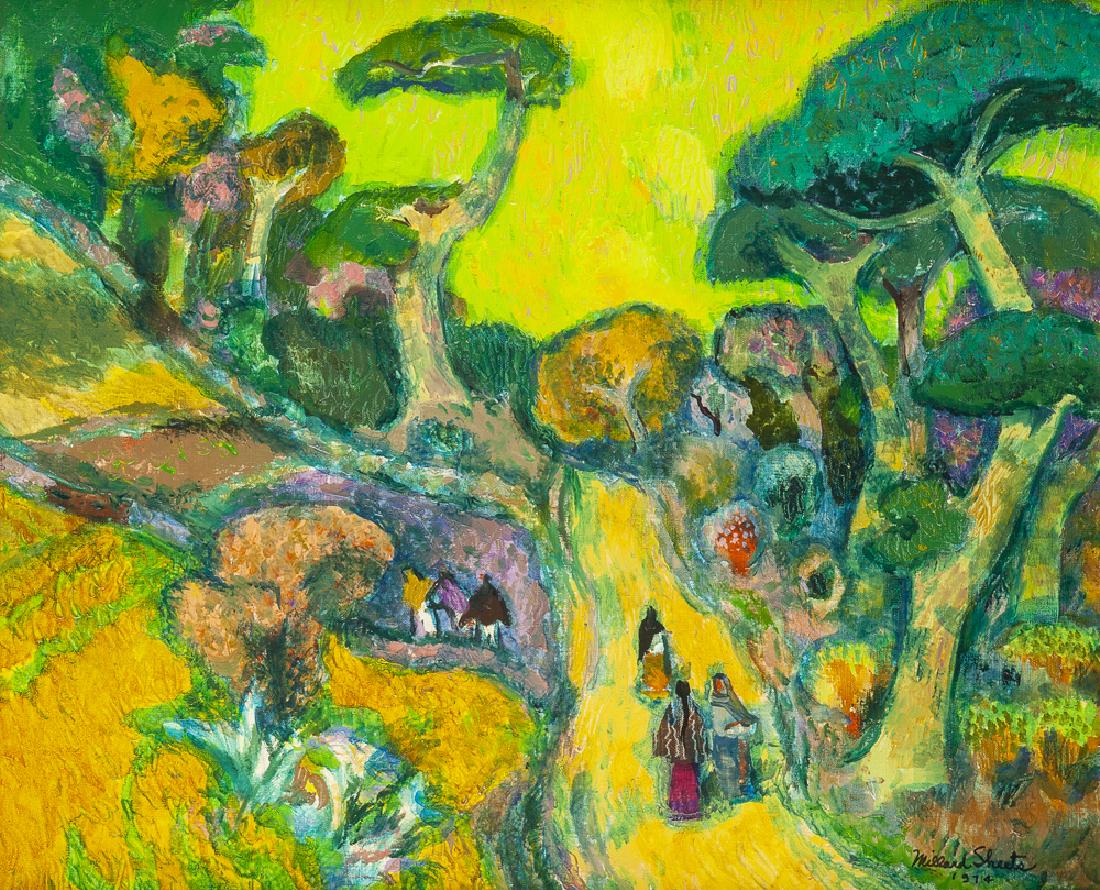 Millard Owen Sheets NA (1907 - 1989 Gualala, CA): "Michoacan," 1974 Oil on canvas Signed and dated lower right: Millard Sheets, signed and dated again and titled on a label affixed to the backing board 20.5" H x 25" W Provenance: Kennedy Galleries, N