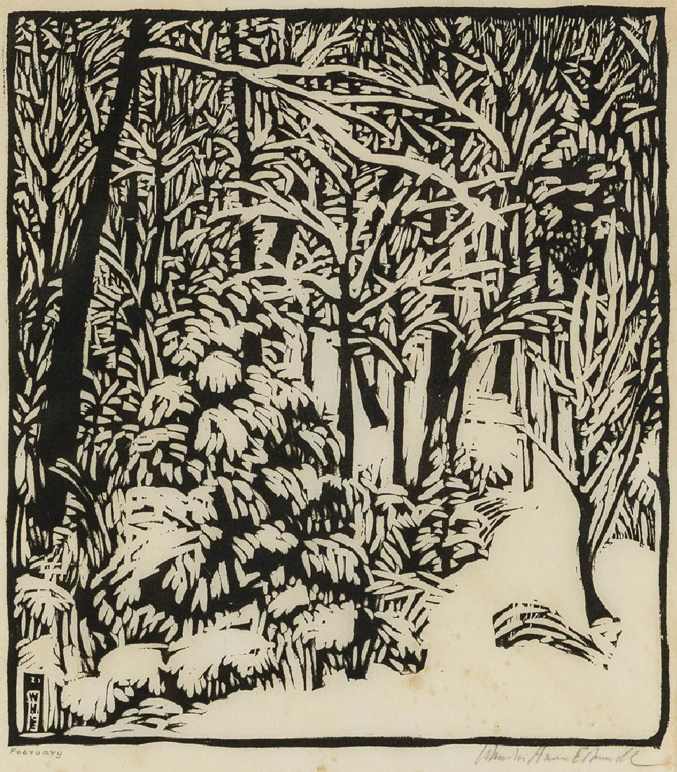 Wharton Harris Esherick (1887 - 1970 American): February Woodblock on rice paper under glass Signed lower right: Wharton Harris Esherick, titled lower left Image: 9.5" H x 8.75" W