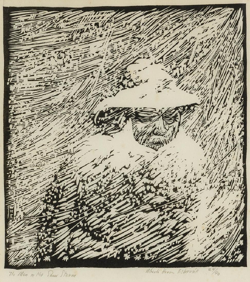Wharton Harris Esherick (1887 - 1970 American): The Man in the Snow Storm Woodblock on rice paper under glass Edition 24/40, signed lower right: Wharton Harris Esherick , titled lower left Image: 8" H x 8.5" W