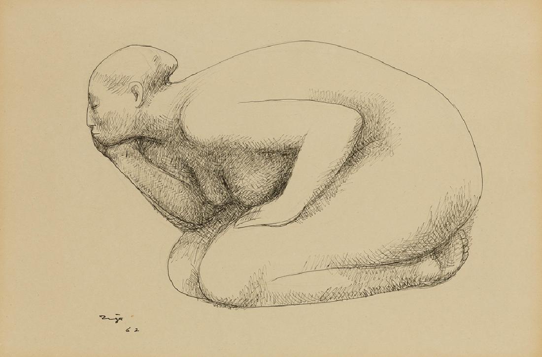Francisco Zúñiga (1912 - 1998 Mexican): Kneeling woman, 1962 Ink on paper under glass Signed and dated lower left: Zuniga, inscribed in another hand verso Sight: 12.25" H x 18" W Provenance: Estate of Millard Sheets. Thence by descent throu