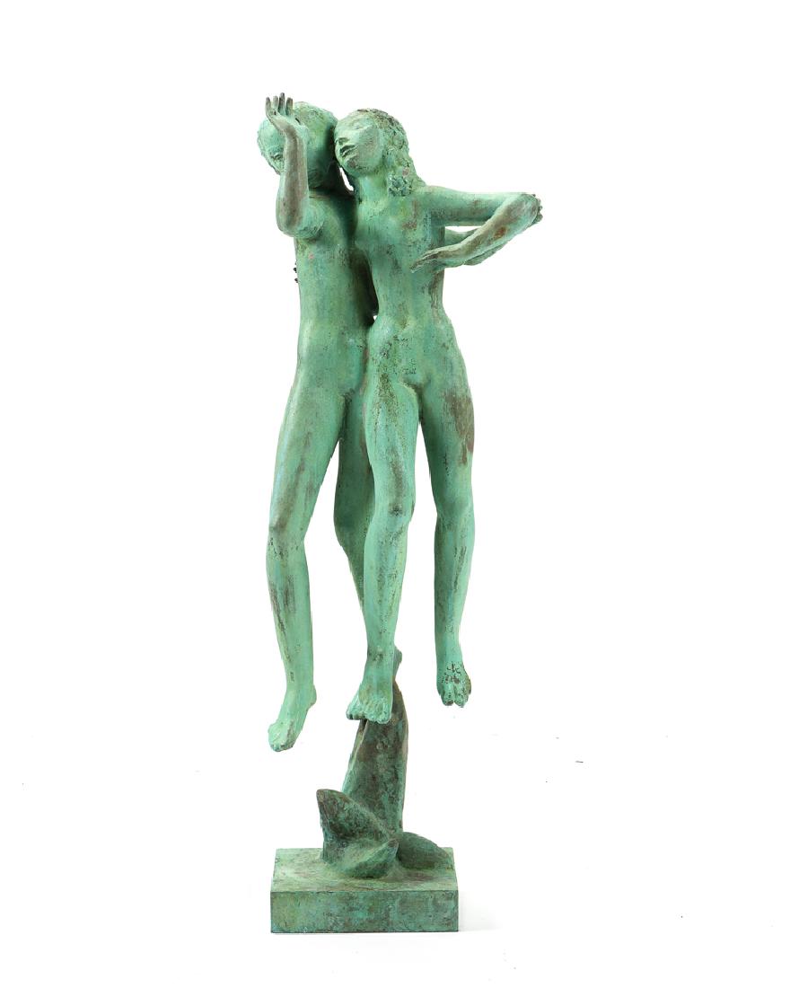 Carl (Wilhelm Emile) Milles (1875 - 1955: "Systrarna [sisters]" Bronze Signed to base: C. Milles; further stamped: Post*ex Carl Milles; stamped with foundry mark 33" H x 11.75" W x 8.5" D Provenance: Estate of Millard Sheets. Thence by descen
