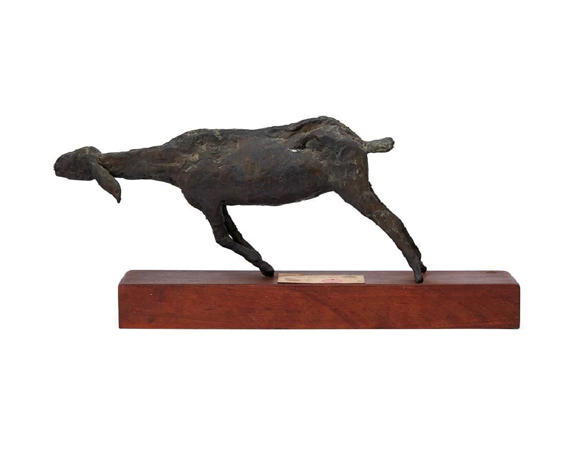 Susan Bright Lautmann Hertel (1930 - 1992 Cerillos, NM): "Goat tied to bush" Bronze on wood plinth Titled on card affixed to plinth Overall: 8.125" H x 18.25" W x 3.75" D