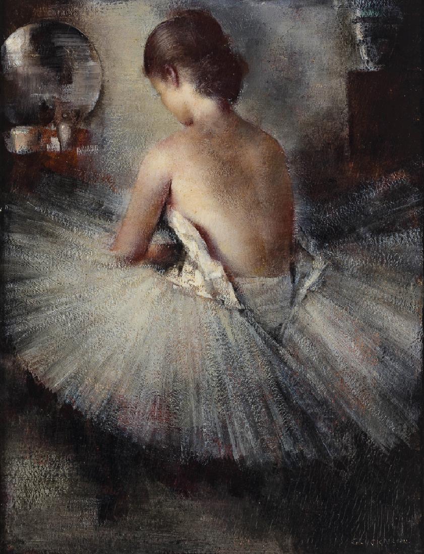 Grigory Gluckmann (1898 - 1973 Los Angeles, CA): "At the Mirror," ballerina backstage Oil on panel Signature incised lower right: Gluckmann 17" H x 13" W Provenance: Manhattan Galleries, Pasadena, CA.
