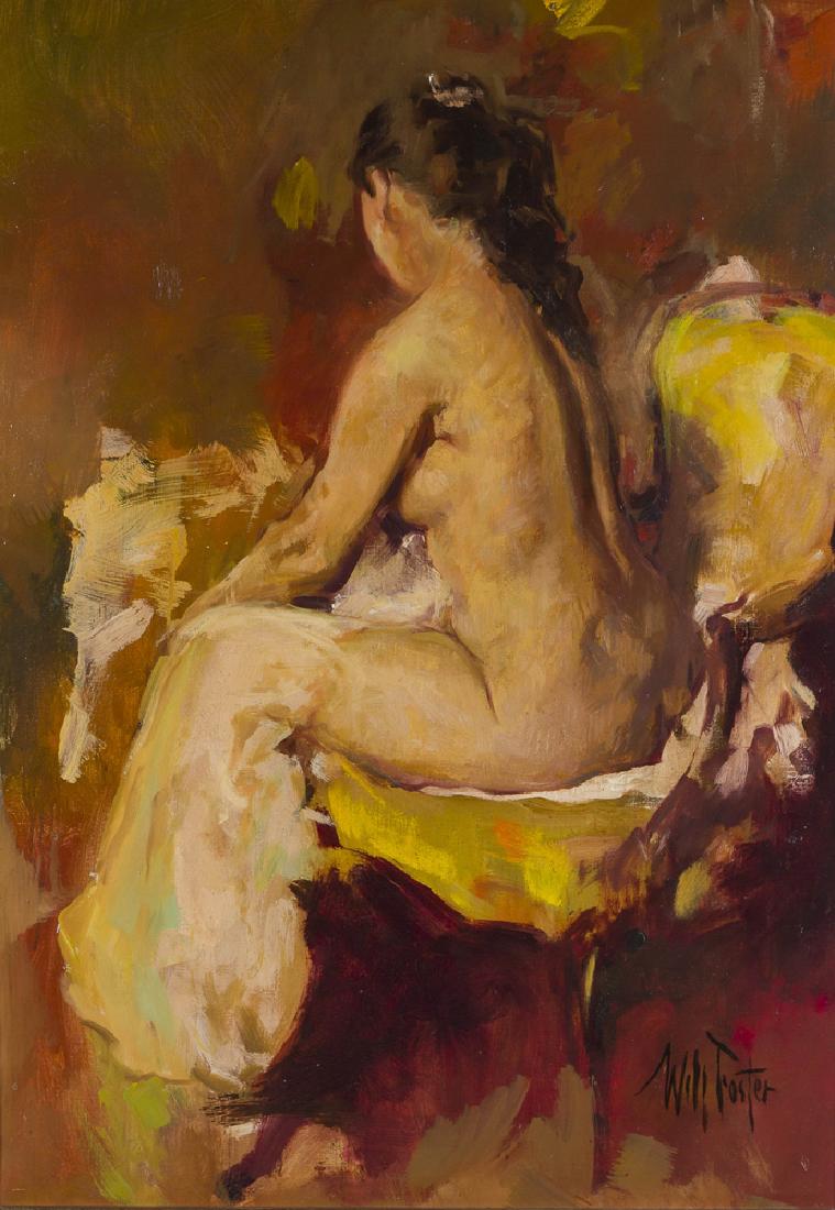 William Frederick Foster ANA (1883 - 1953 New York, NY): "Brunette Nude Seated on a Yellow Chair," circa 1940s Oil on canvas Signed lower right: Will Foster 40" H x 28.25" W Literature: P. Settecase Barton, "William Frederick Foster, A.N.A.: Portrait of a P
