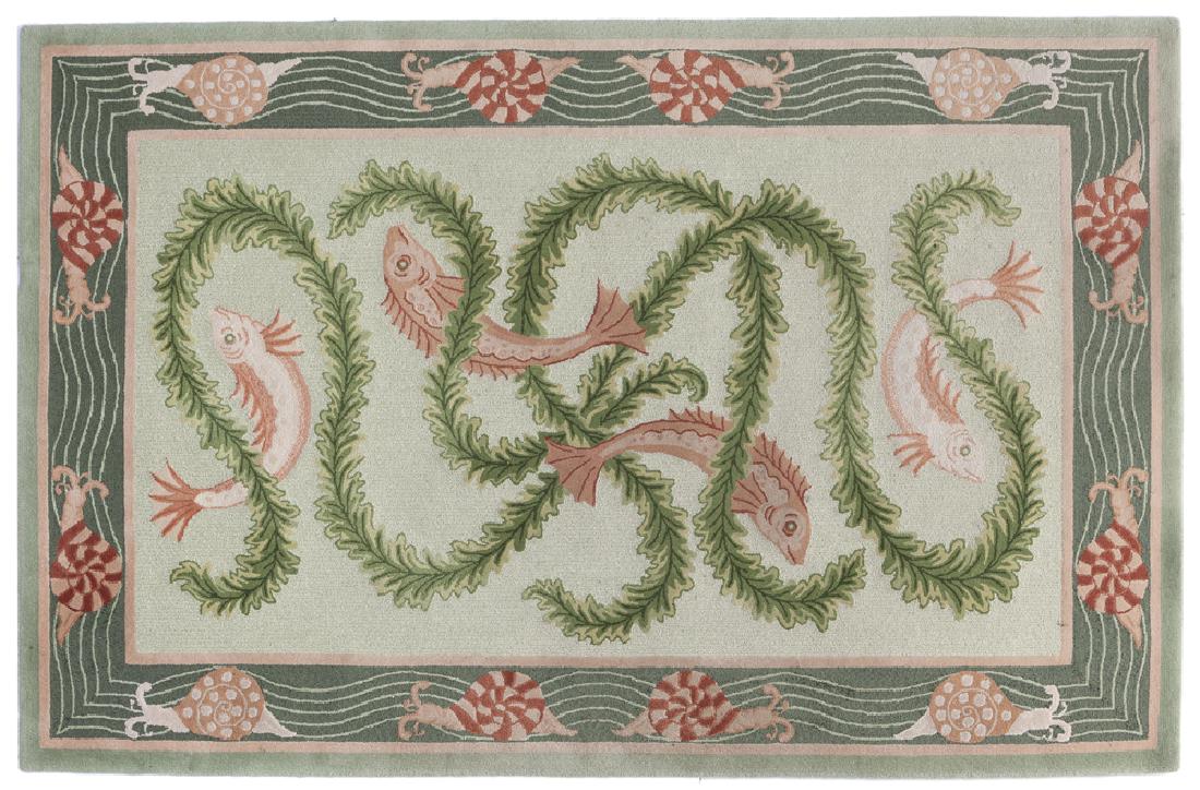 An Edward Fields rug: 2001 Signed, numbered, and dated verso: Edward Fields / 16708 / 10/2001 Wool on wool foundation depicting koi in a pond with snail border 10'1" H x 6'6.25" W Provenance: Estate of Ruth and Allen Ziegl