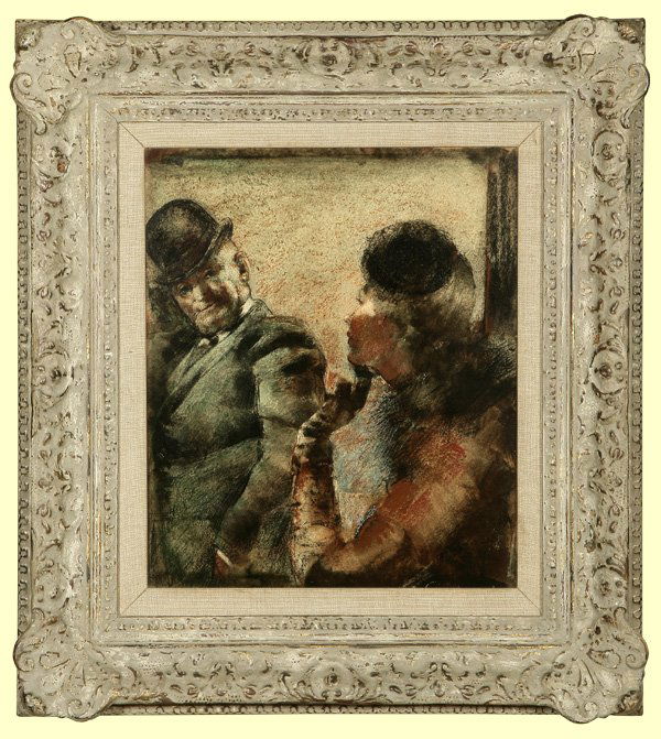 Grigory Gluckmann (1898-1973): Back Stage Encounter, signed lower right: Gluckmann, oil on board under glass, 13 H x 11 W, est:$5000/7000. Provenance: Dalzell Hatfield Galleries, Los Angeles, CA (see verso label)