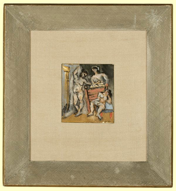 Max Weber (1881-1961): three figures in an interior, signed and dated lower right: Max Weber 26, mixed media on paper under glass, sight size: 5 H x 4.5 W, est:$3000/4000. Provenance: Acquired directly from the artist by th