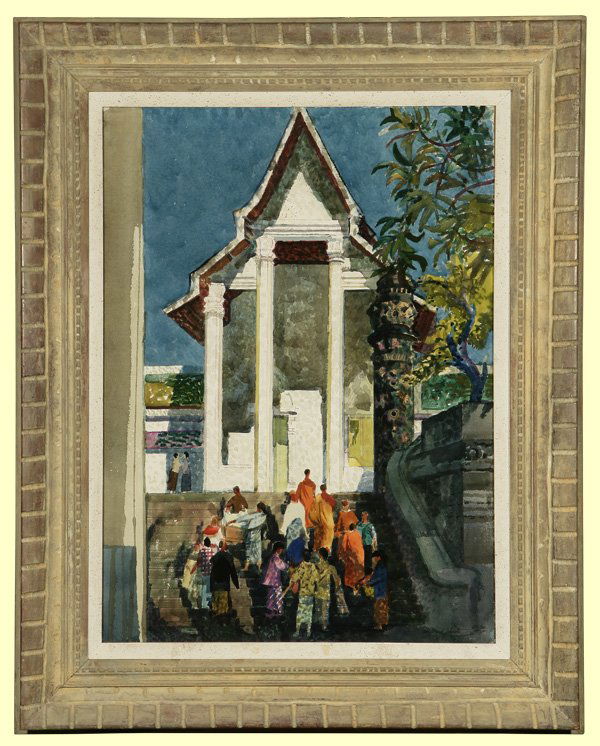 Millard Sheets (1907-1989): figures on the steps of a temple, signed lower right: Millard Sheets, watercolor on paper under glass, 30 H x 22 W, est:$9000/12,000. Provenance: Private collection, TX