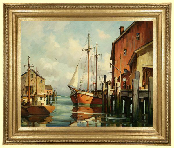 John Cuthbert Hare (1908-1978): Gloucester schooner in harbor, signed lower right: John Hare, oil on canvas, 24 H x 30 W, est:$3000/5000. Provenance: Private collection, Orange, CA