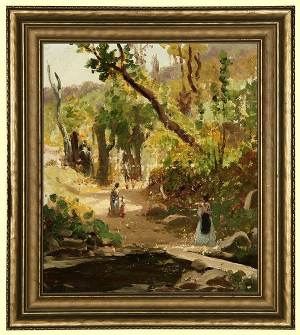 William Keith (1838-1911): Muir Ranch, unsigned, oil on canvas laid to board, 10.5 H x 9 W, est:$1500/2500. Note: There is a verso note indicating that this painting was authenticated by M. McHenry Keith and numbered 56. Proven