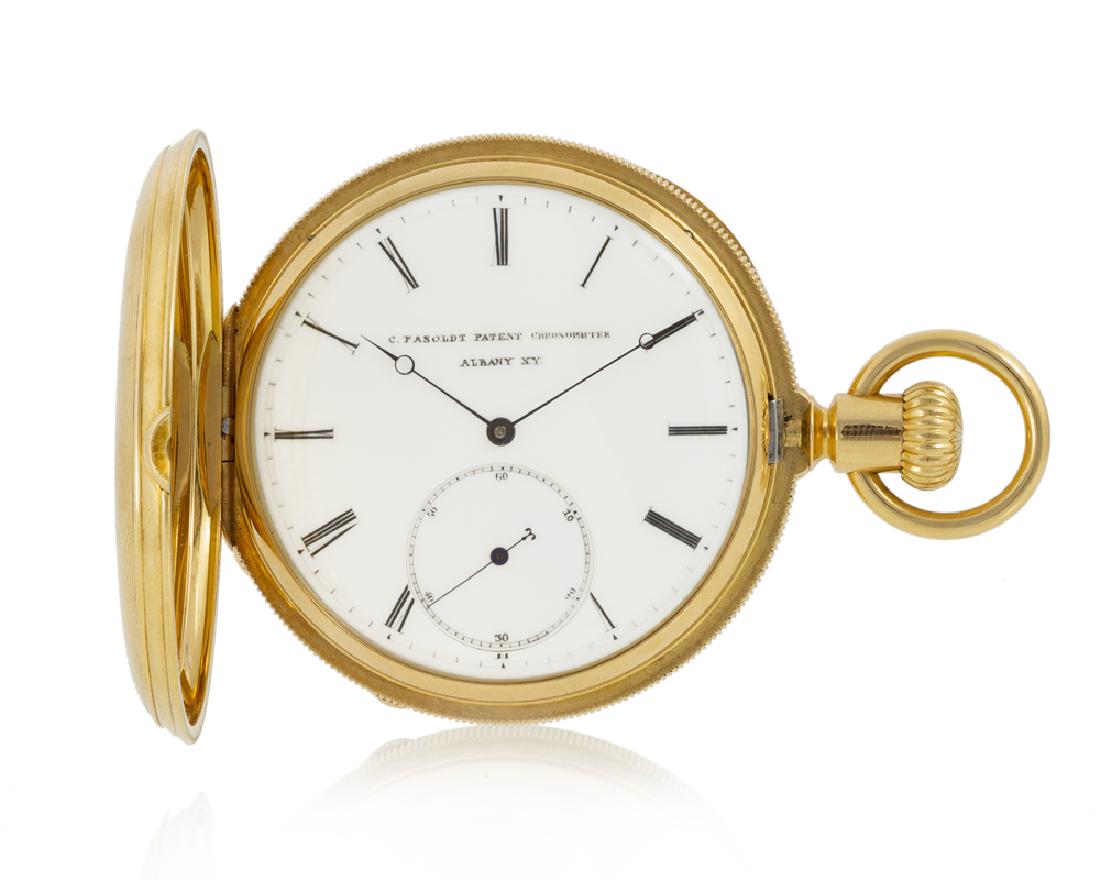 Charles Fasoldt pocket watch, chronometer, No. 436: 1870s, Albany, NY Dial: white enamel dial with black Roman numerals, outer minute track, sunken sub-seconds, blued steel Breguet hands, signed: C. Fasoldt Patent Chronometer Albany NY Movement: 15 jew