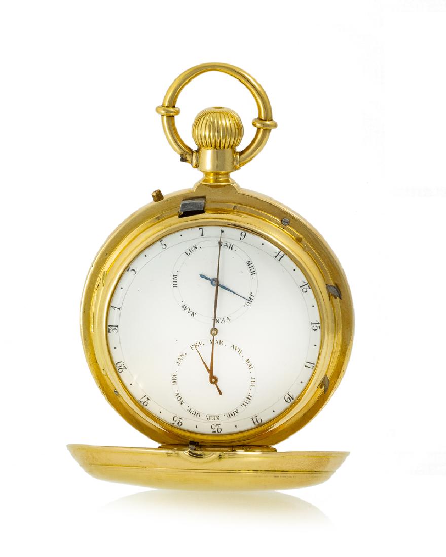 B. Haas Jne & Cie pocket double-face: 1870s, Geneva, Switzerland Dial: Front: white enamel dial with black Roman numerals, outer minute track with Arabic numerals every five minutes, sunken sub-seconds, blued steel spade hands; Back: whit