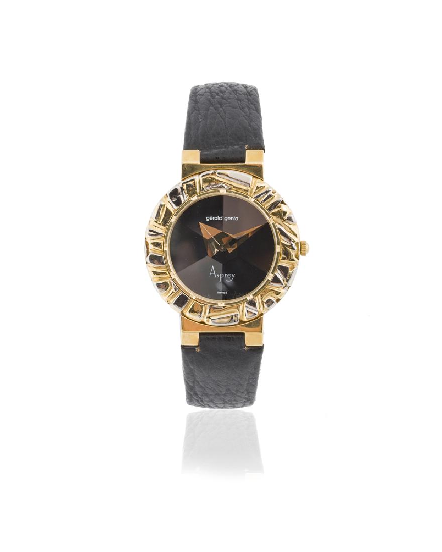 Gérald Genta for Asprey gentleman's wristwatch: Circa 1980s Dial: circular black dial, stylized polished gold hands, faceted crystal, signed: Gérald Genta, Asprey, Swiss Movement: quartz movement Case/Strap: circular 18K gold polished case with re