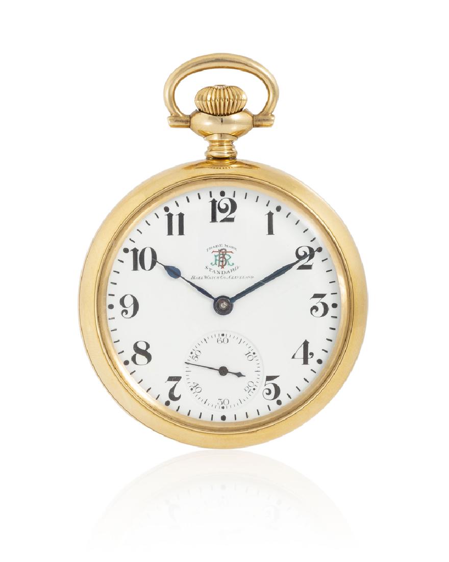 Ball Watch Co., Brotherhood of Railroad Trainmen pocket: 1910, Lancaster, PA Dial: white porcelain dial with black Arabic numeral hour markers, outer minute indices, sunken sub-seconds, blued steel railway spade hands, signed in tri-color lettering: Tradema