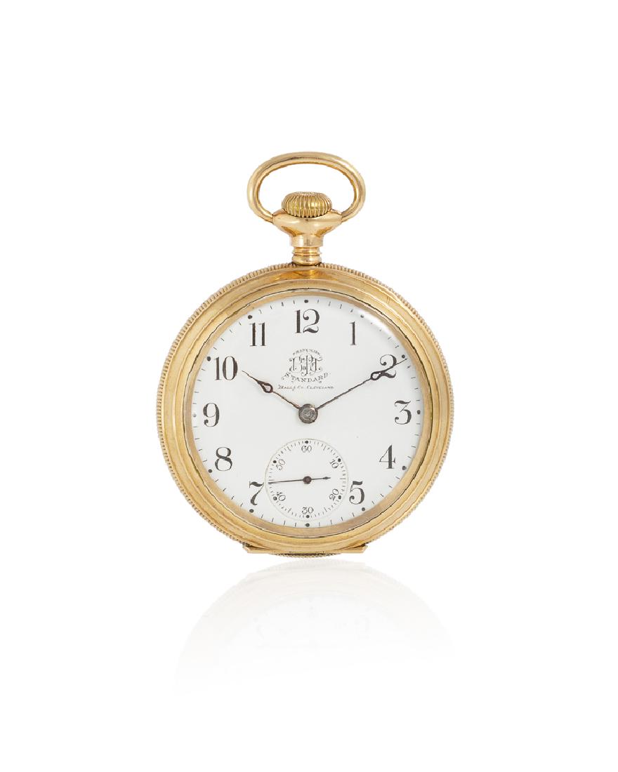 Ball & Co. Brotherhood of Railroad Trainmen pocket: 1898, Lancaster, PA Dial: white porcelain dial with black Arabic numeral hour markers, outer minute indices, sunken sub-seconds, blued steel pierced spade hands, signed: Trademark B of R T Standard Ba