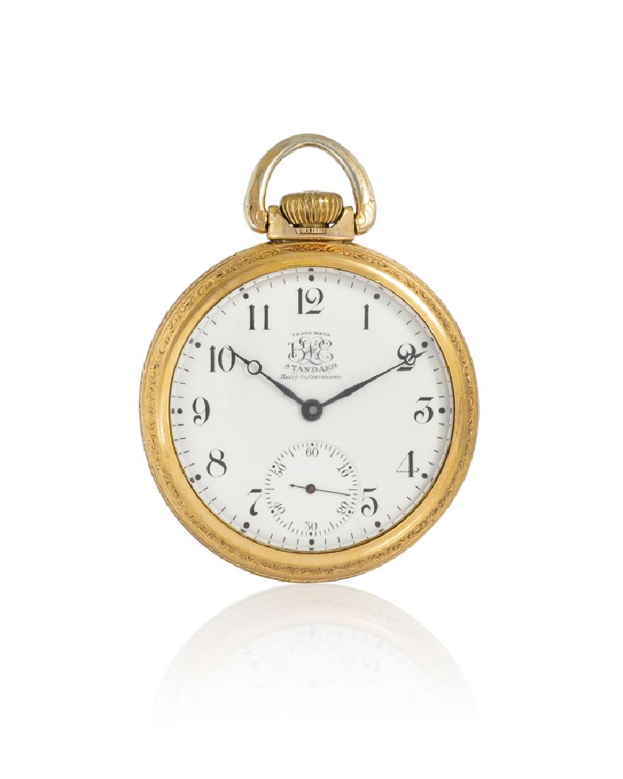 Ball & Co. Brotherhood of Locomotive Enginemen pocket: 1899, Waltham, MA Dial: white enamel, black Arabic numerals, outer minute divisions, sunken sub-seconds, blued steel Breguet hands, signed for Brotherhood of Locomotive Enginemen: Trademark B of LE /