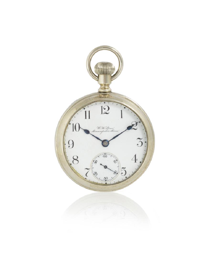 Hamilton Watch Co. Main Line pocket watch: 1889, Lancaster, PA Dial: white porcelain dial with black Arabic numerals, outer minute indices, sunken sub-seconds, blued steel spade hands, signed: W.M. Stone, Minneapolis, Minn Movement: 17 jewel, 