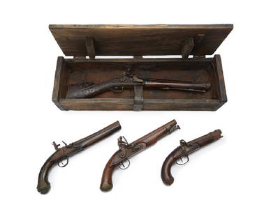 Four flintlock pistols: 18th century Comprising two 18th century Continental ball pistols and two blunderbuss pistols, each of various length Largest: 5.5" H x 23.25" W