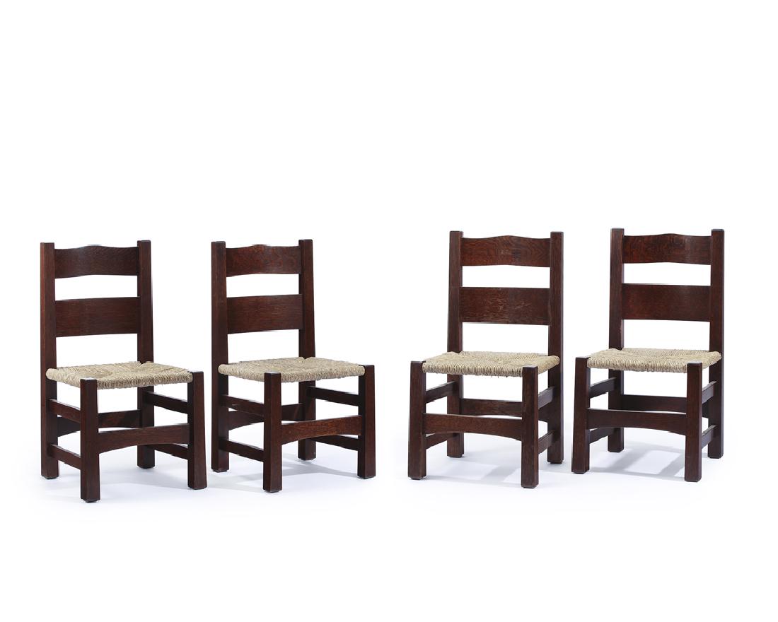 A set of four chairs, Voorhees Craftsman: 2008 Stamped and labeled to seat: Voorhees Craftsman Workshops / 12-2008 LP S&MV Each with two-slat back rest over a squared woven rush seat raised on post legs, 4 pieces Each: 37.5" H x 20" W x 18" D